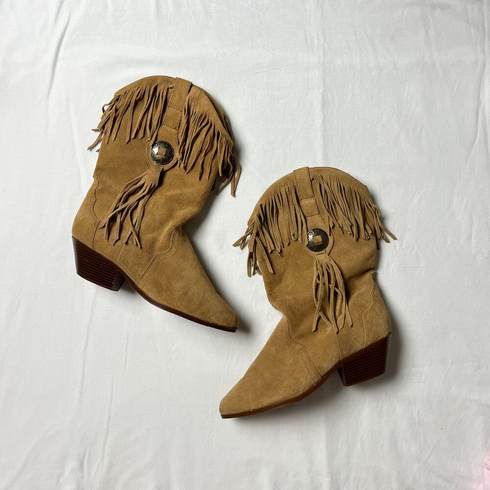 80s vintage tan brown suede western boho fringe cowgirl boots